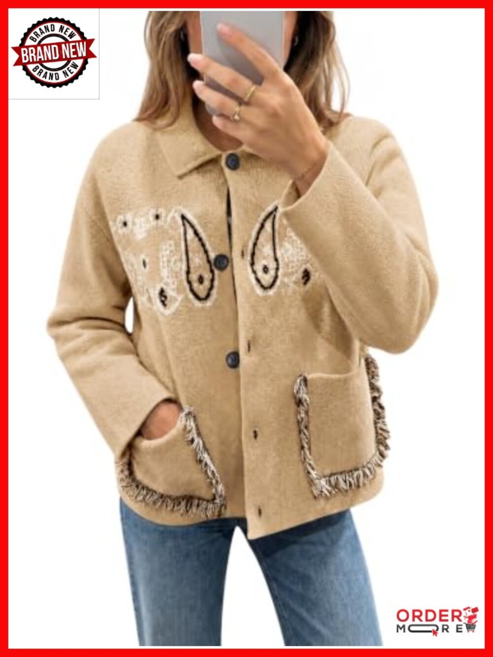 Boho Fringe Cardigan Button Down Sweater with Pockets
